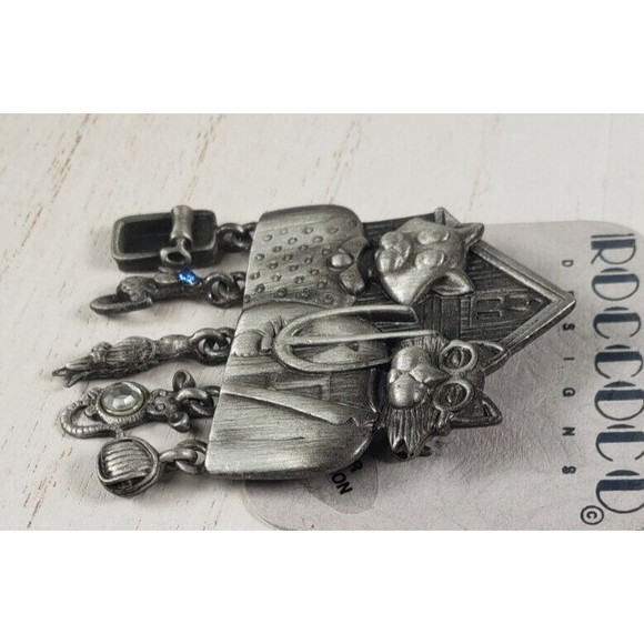 Vintage AJC Pewter Cat Brooch American Gothic Dangle Details Brooch Pin - Picture 4 of 10